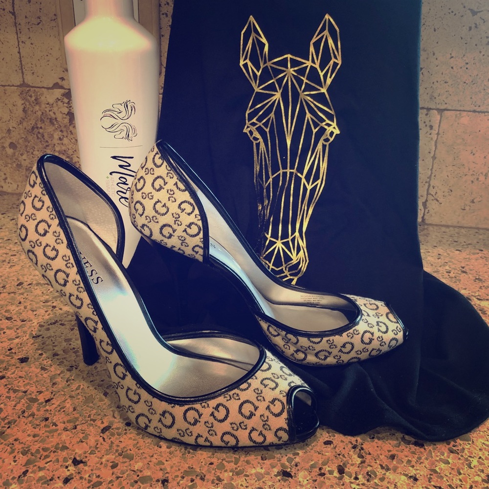 Guess Beige and Black Logo Fabric Heel